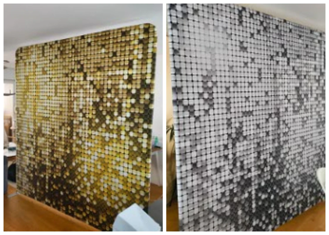 Doppelseitige Shimmer-Wall in Gold und Silber als Fotobox-Hintergrund für Firmenfeier und Hochzeit