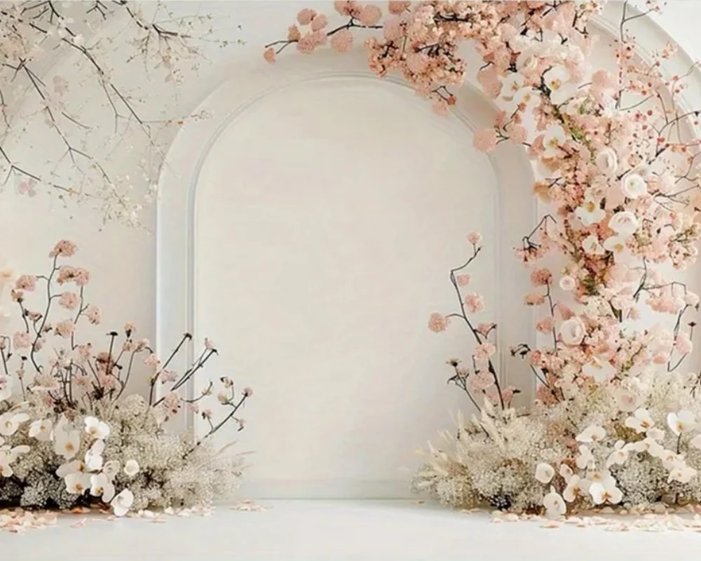 Fotobox Hintergrundwand 03 Romantische Rosen, weisser Bogen mit Blumen
