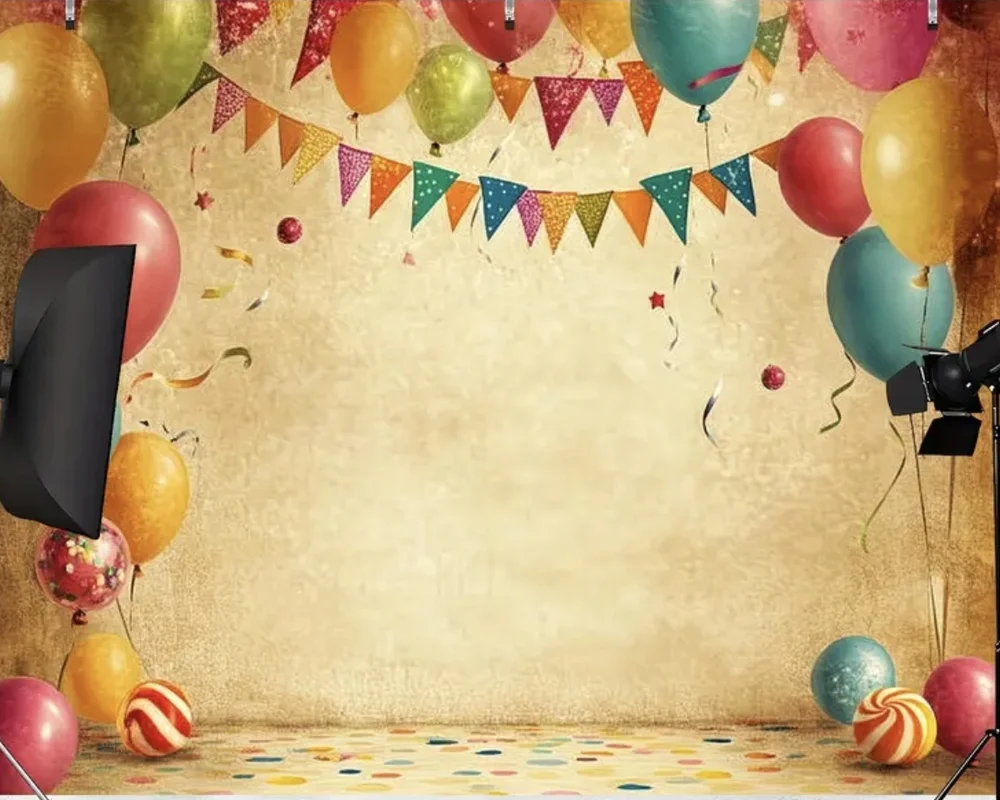 Fotobox Hintergrundwand 07 Bunte Ballons mit Wimpelkette