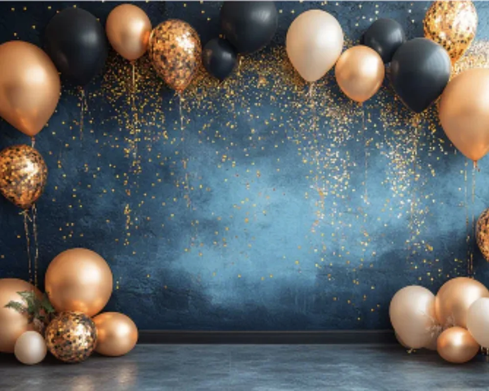 Fotobox Hintergrundwand 08 Blaue Ballons in Gold und Schwarz