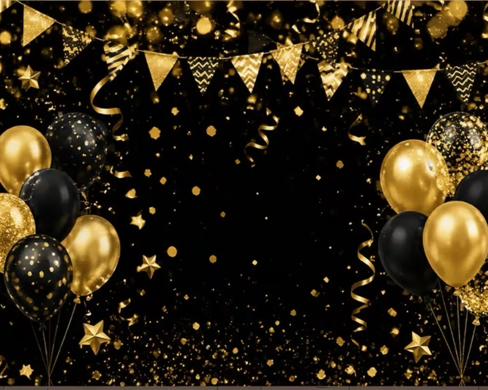Fotobox Hintergrundwand 09 Schwarz-Gold mit Ballons und Wimpeln
